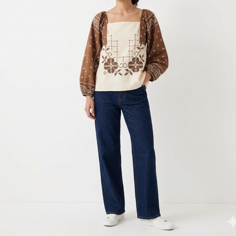 Embroidered Square-Neck Peasant Blouse - Brown & Cream
